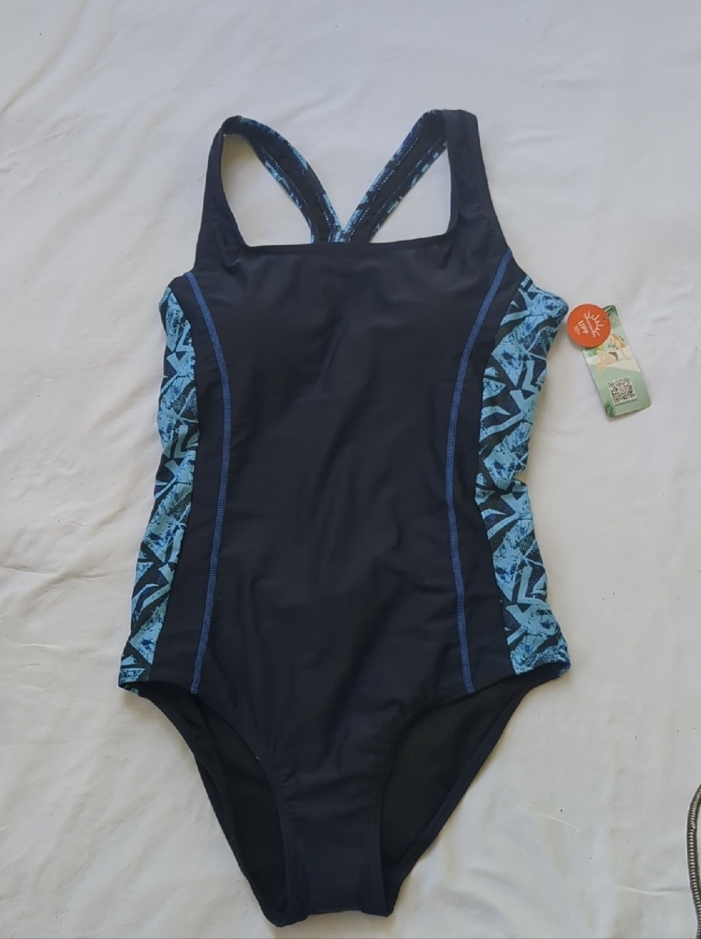 Women's Black One-Piece Swimsuit with Blue Patterned Side Panels